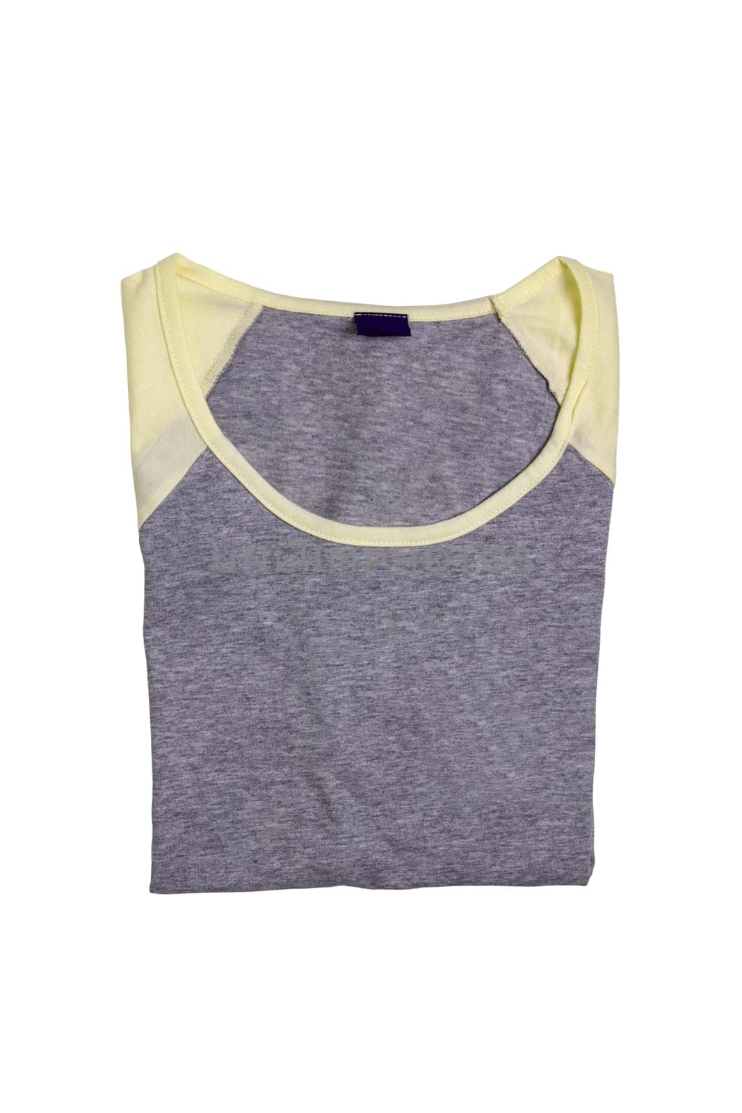 Closeup of gray yellow female sexy nightwear summer top or shirt isolated on a white background. Clipping path. Fashionable night wear or nighties.