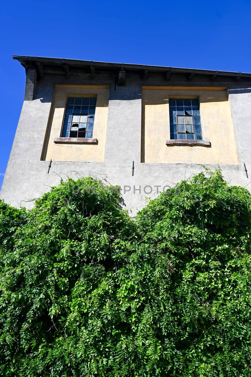 Facade of an old house with metal grille windows and broken glass panes in an old vacant building