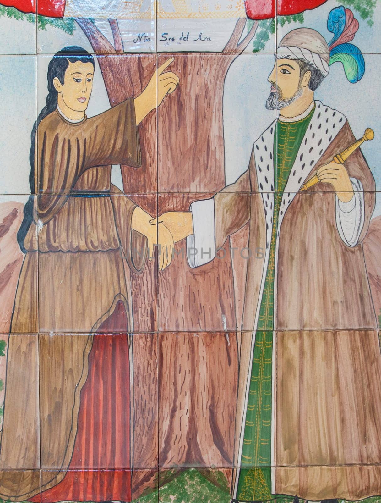 Fuente del Arco - Spain - Nov 1st, 2022: Depicting of King Jayon Legend. Our Lady of Ara, Fuente del Arco, Badajoz, Spain