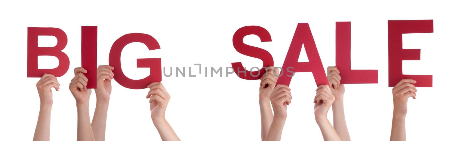 People Or Persons Hands Building English Word Big Sale. Isolated White Background.