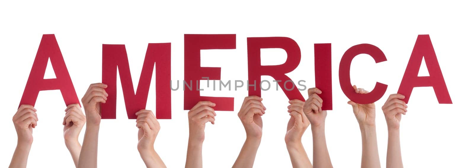 People Or Persons Hands Building English Word America. Isolated White Background.
