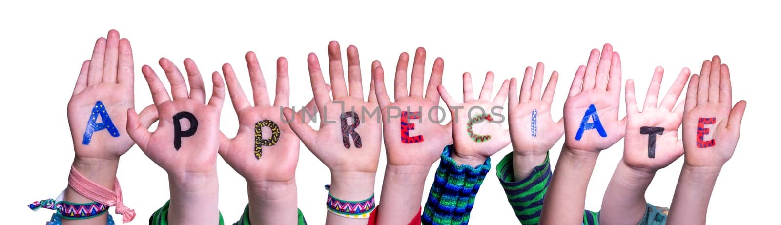 Children Hands Building Colorful English Word Appreciate. Isolated White Background.