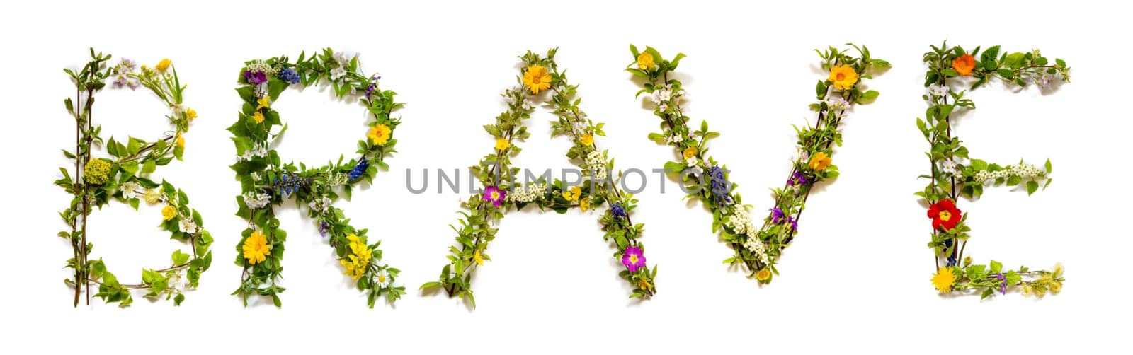 Blooming Flower Letters Building English Word Brave. Colorful Spring and Summer Blossoms. White Isolated Background.