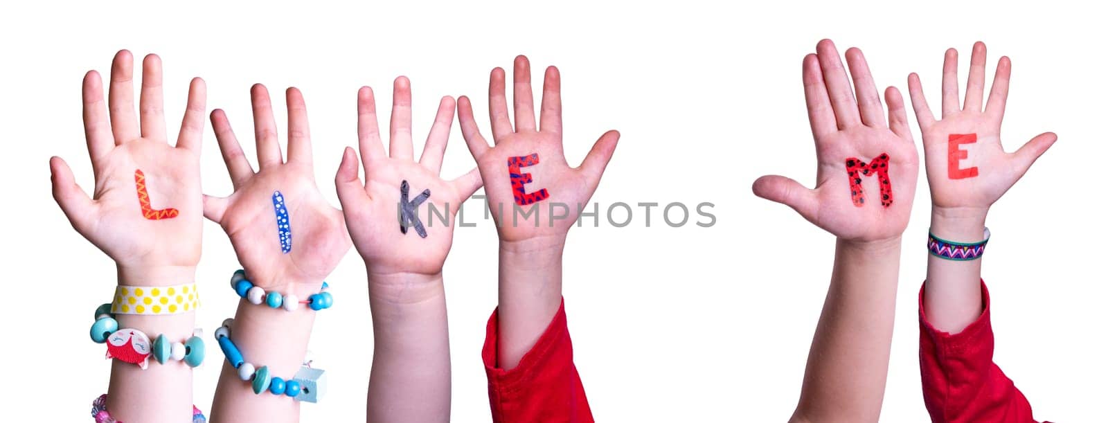 Children Hands Building Colorful English Word Like Me. Isolated White Background.