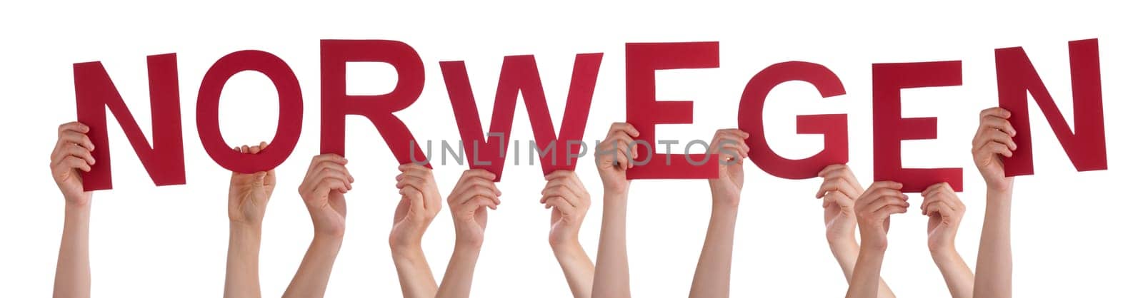 People Or Persons Hands Building German Word Norwegen Means Norway. Isolated White Background.