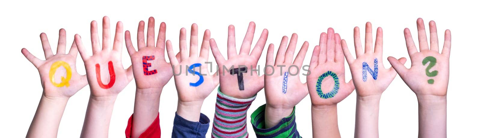 Children Hands Building Colorful English Word Question. White Isolated Background