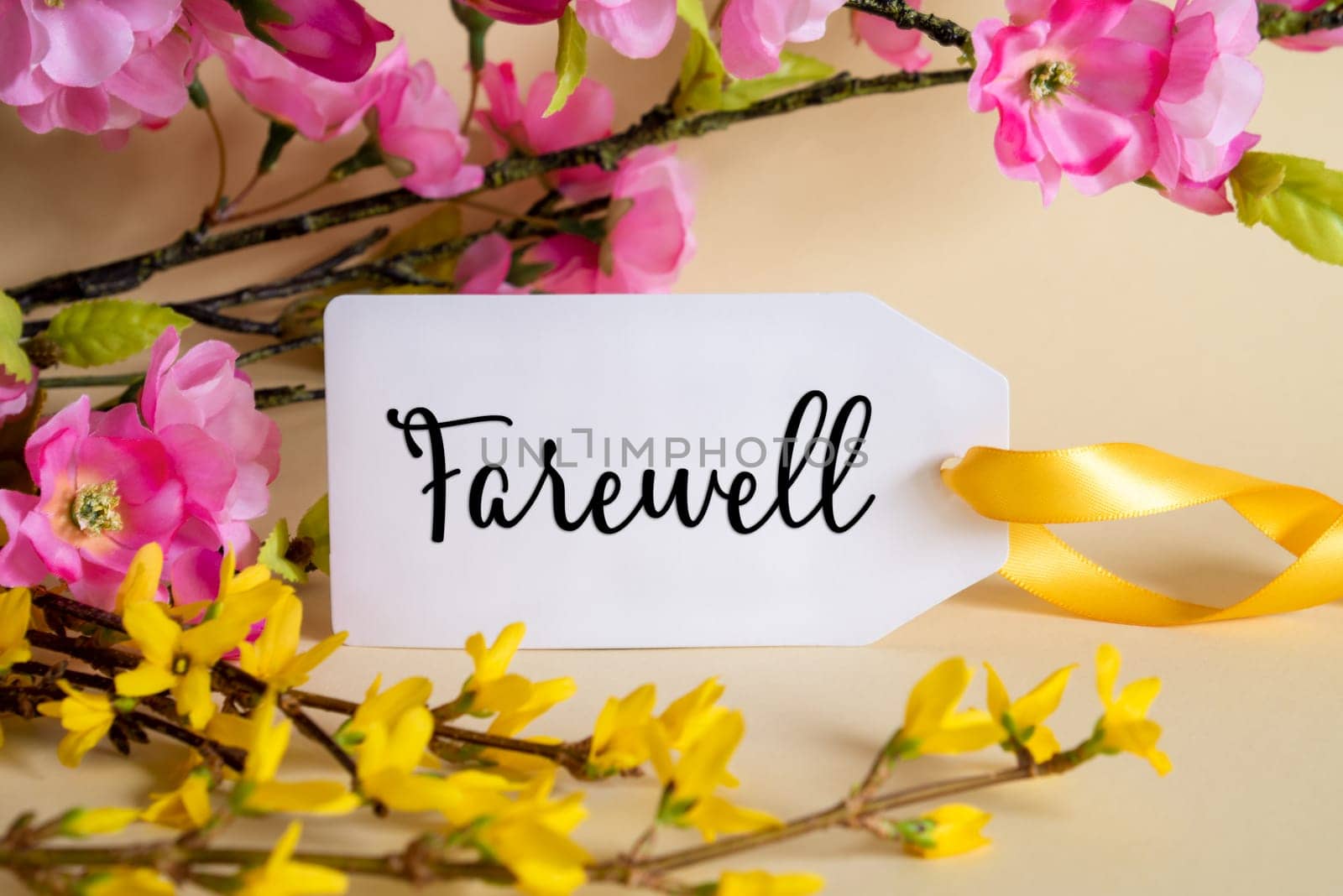 Spring Flower Arrangement With White Label With English Text Farewell. Colorful Flower Branch Decoration With Yellow And Purple Blossoms.