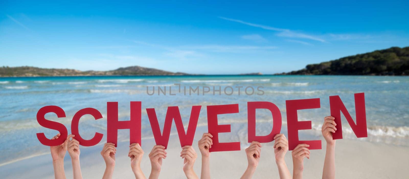 People Or Persons Hands Building German Word Schweden Means Sweden. Summer Ocean, Sea And Beach As Background.