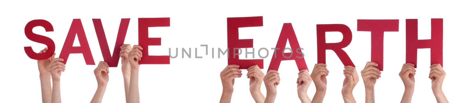People Or Persons Hands Building English Word Save Earth. Isolated White Background.