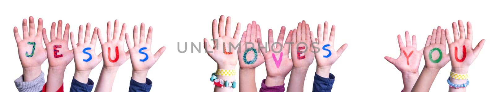 Children Hands Building Colorful English Word Jesus Loves You. Isolated White Background.