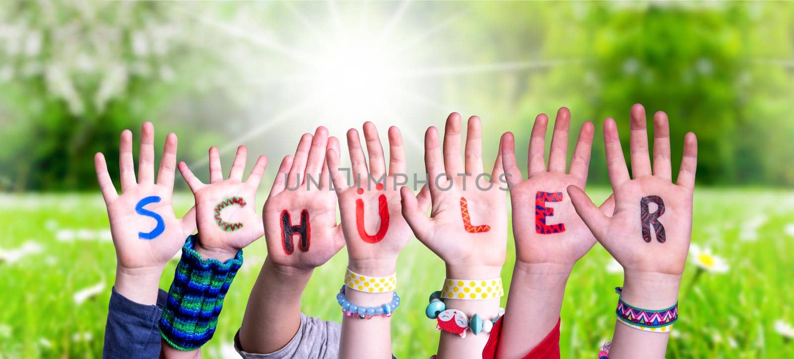 Children Hands Building Colorful German Word Schueler Means Pupil. Sunny Green Grass Meadow As Background.