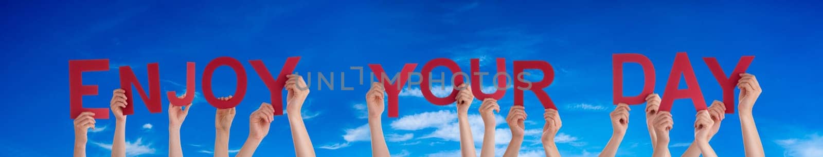People Or Persons Hands Building English Word Enjoy Your Day. Summer Ocean, Sea And Beach As Background.