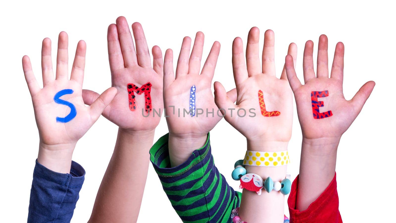 Children Hands Building Colorful English Word Smile. Isolated White Background.