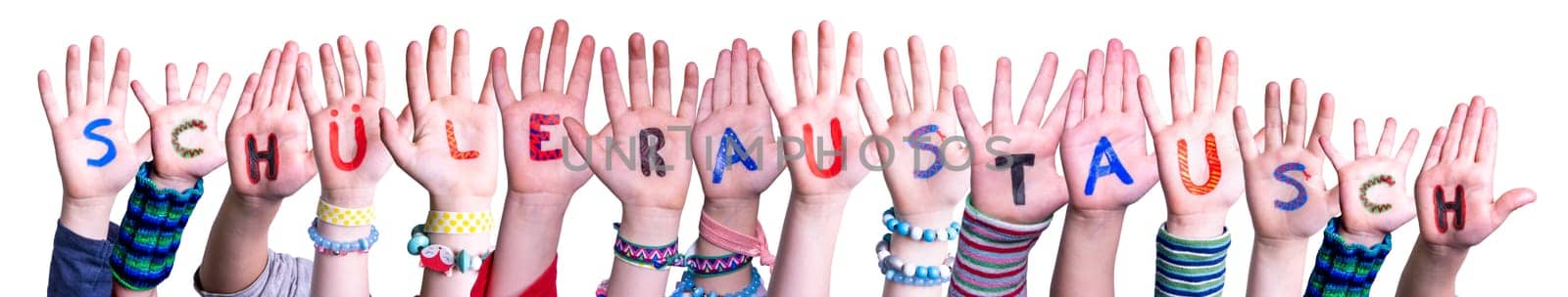 Children Hands Building Colorful German Word Schueleraustausch Means Student Exchange. Isolated White Background.