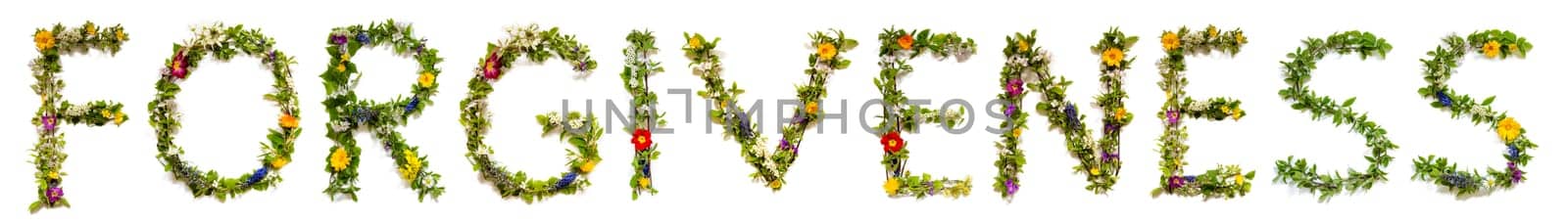 Blooming Flower Letters Building English Word Forgiveness. Colorful Spring and Summer Blossoms. White Isolated Background.