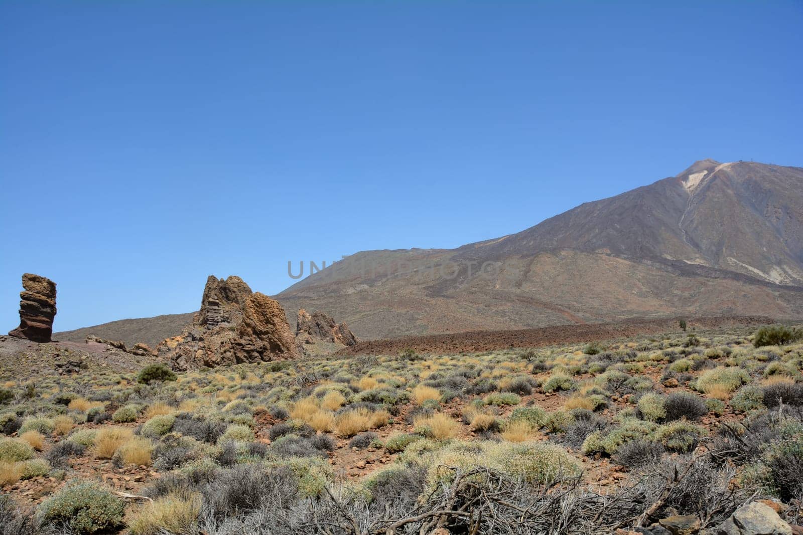 The bizarrely shaped Roque Cinchado rock of volcanic rock in Teide National Park on the Canary Island of Tenerife, Spain. With views of Mount Teide and blue skies.