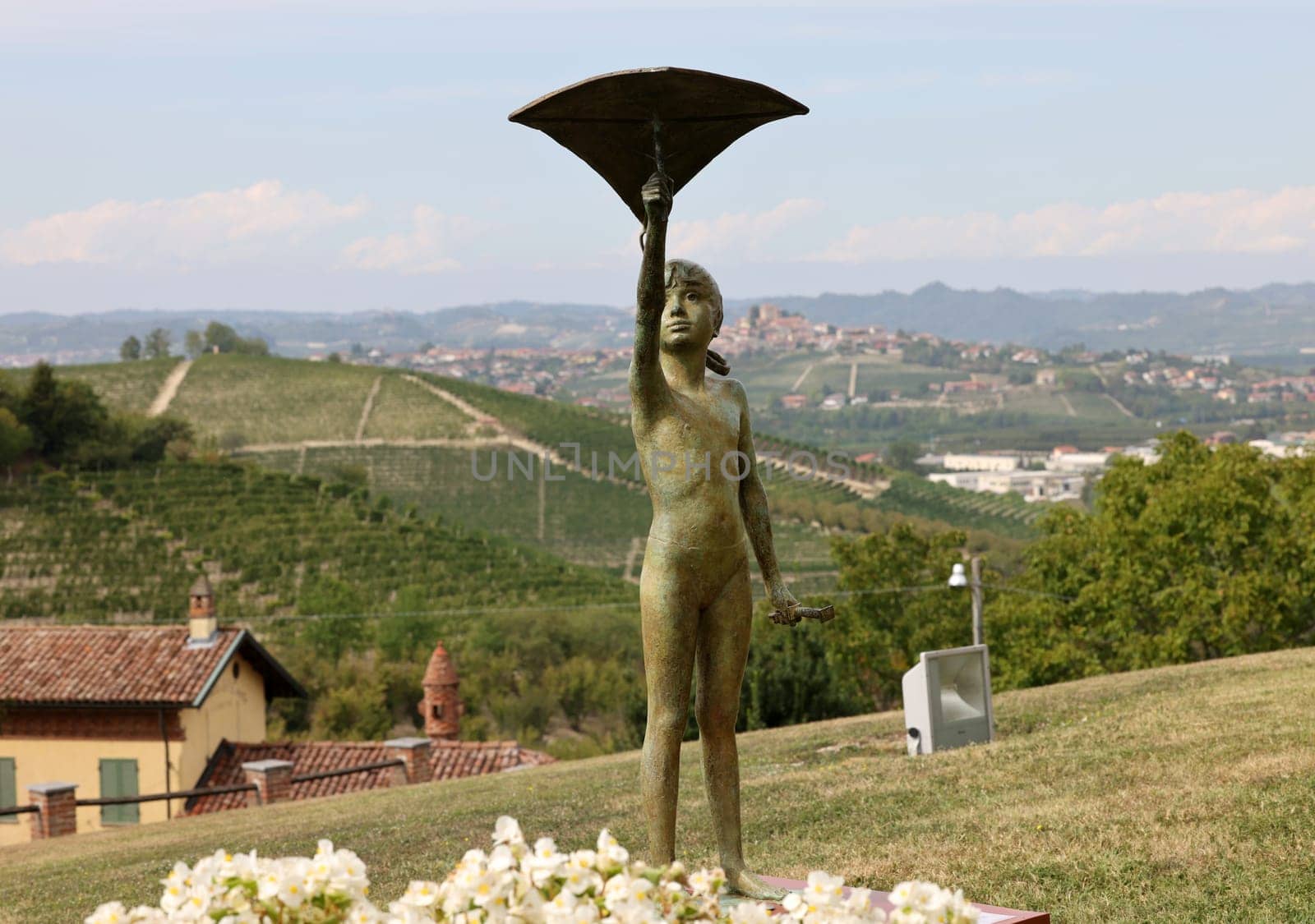 Grinzane Cavour, Italy - Sept 8, 2022: Open air art installation with sculptures by Sergio Unia in the garden of Grinzane Cavour Castle. Piedmont, Italy