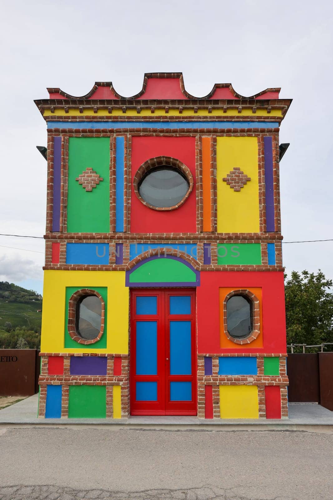 La Morra, Piedmont, Italy - Sept 8, 2022:  The Chapel of the Madonna delle Grazie. Most commonly Cappella del Barolo or Cappella delle Brunate near La Morra, Langhe region, Piedmont, Italy