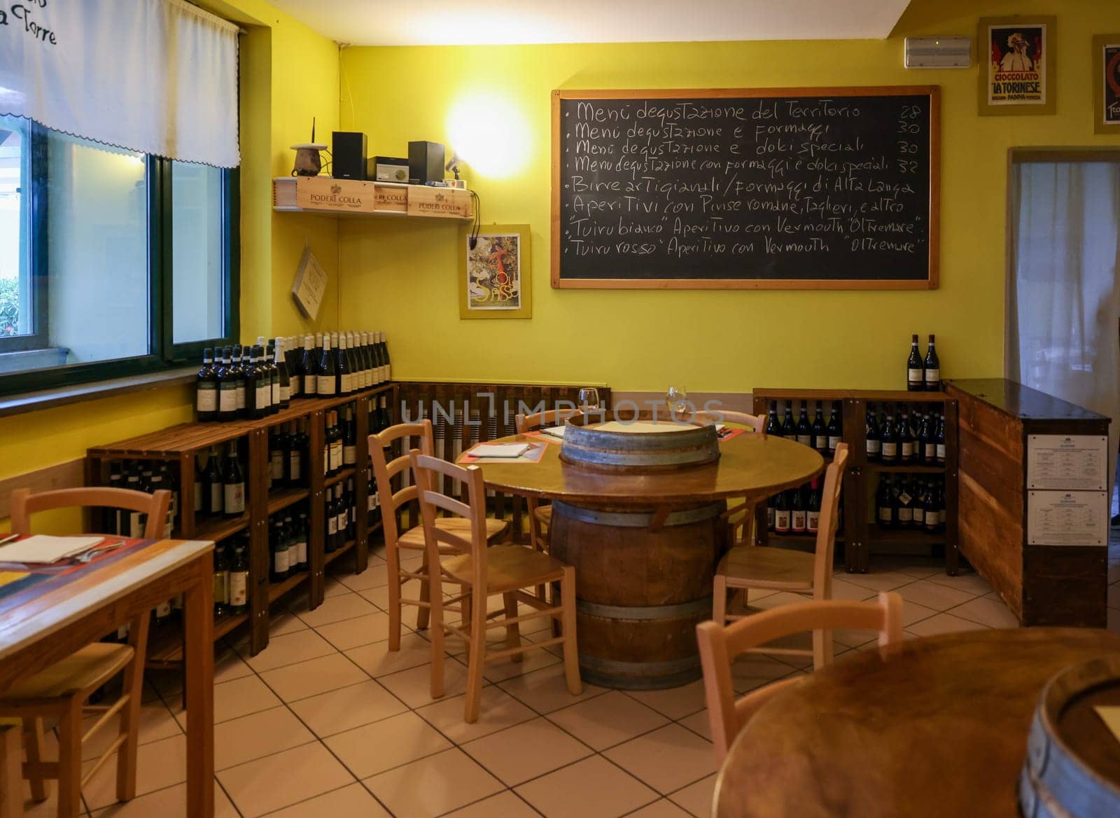 Albaretto della Torre  Italy - Sept 7  2022: The interior of the family restaurant Ristoro La Torre in Albaretto della Torre with great Piedmont cuisine