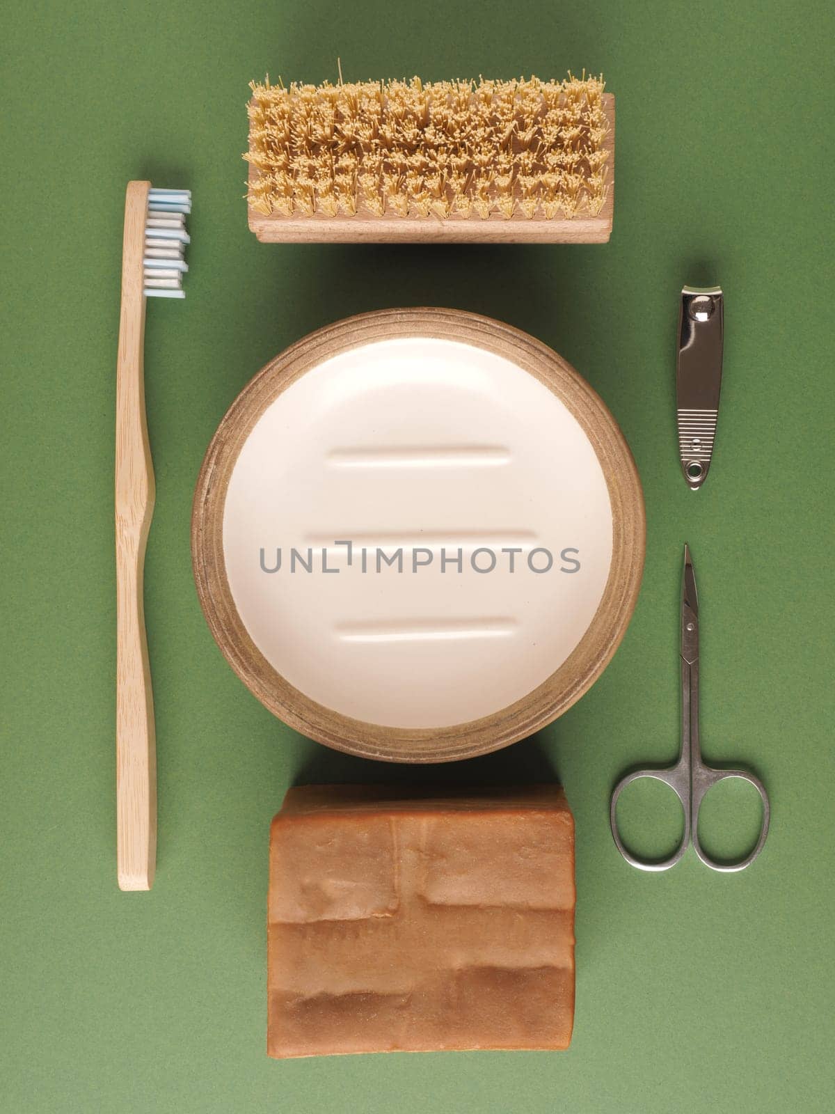 Plastic free toothbrush and hand washing brush, daily bath utensils,  renewable resources, zero waste concept, daily products.