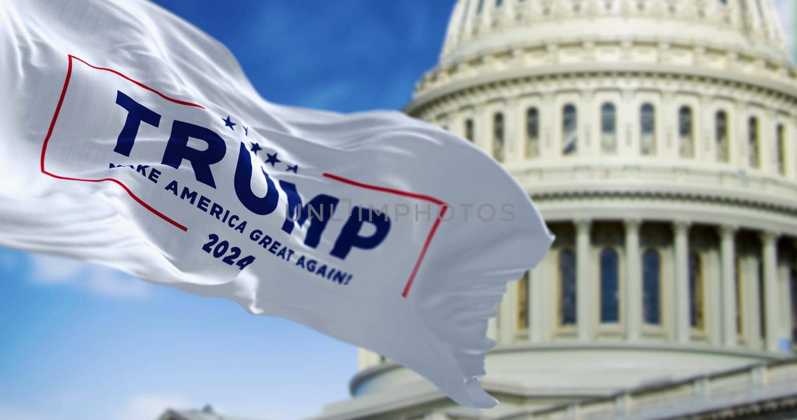 Washington D.C., US, march 2023: Flag with Donald Trump 2024 presidential election campaign logo waving in front blurred US congress. Illustrative editorial 3d illustration render