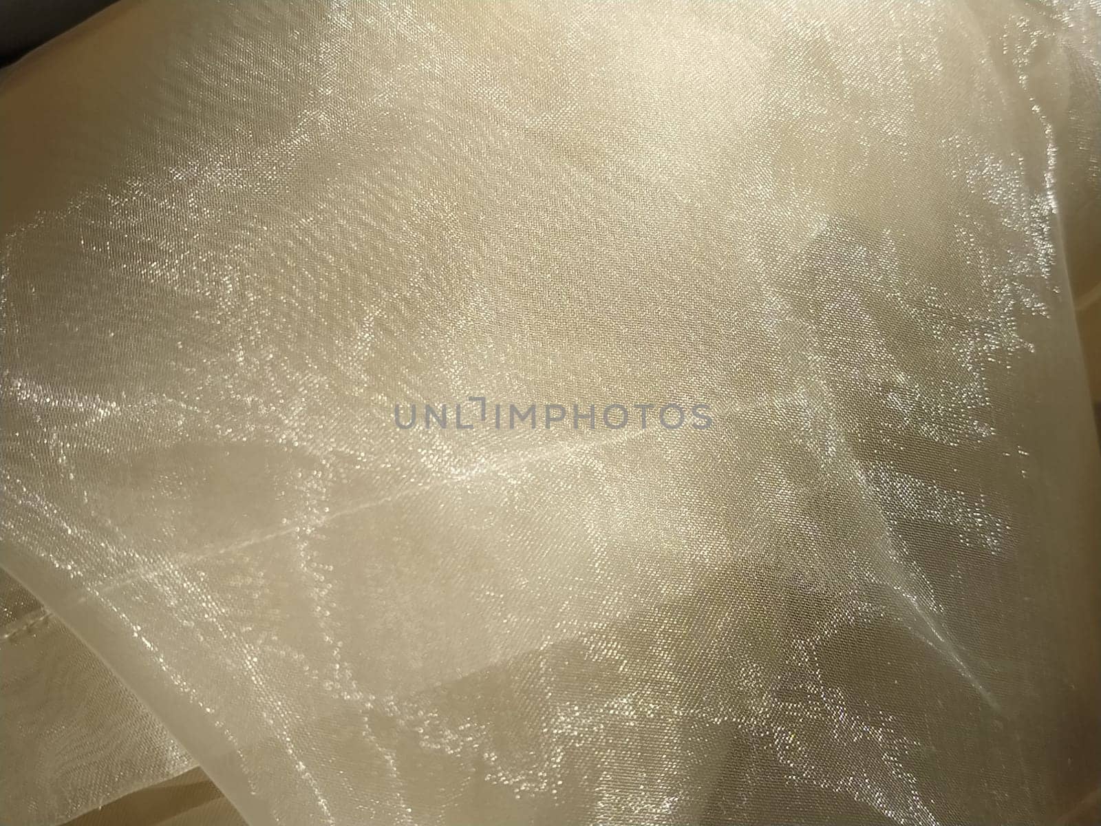 Organza in white and beige or champagne color close-up. Lightweight sheer tulle curtains under side lighting.
