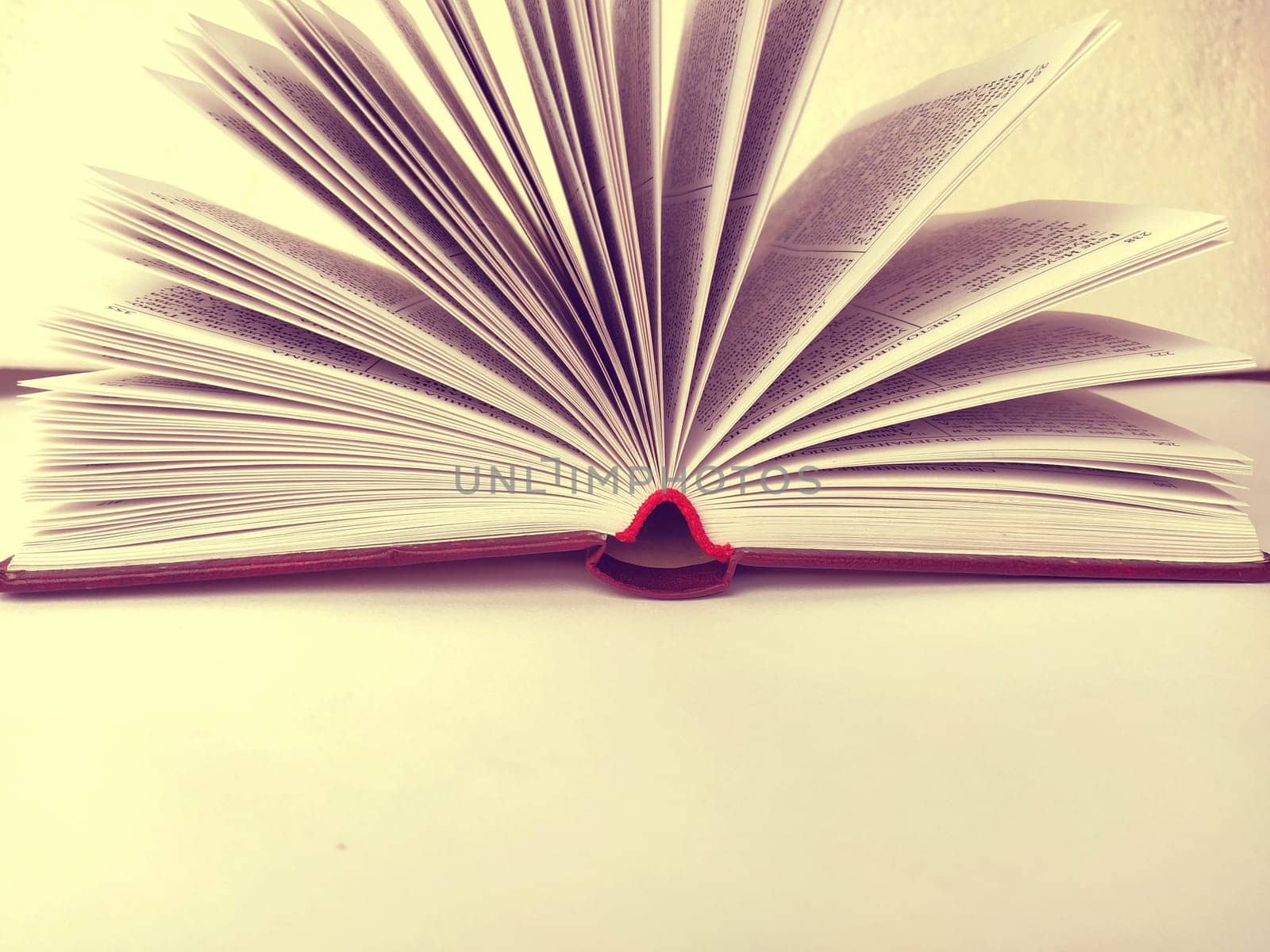 the opened book on the white table. Vanilla yellow nuance