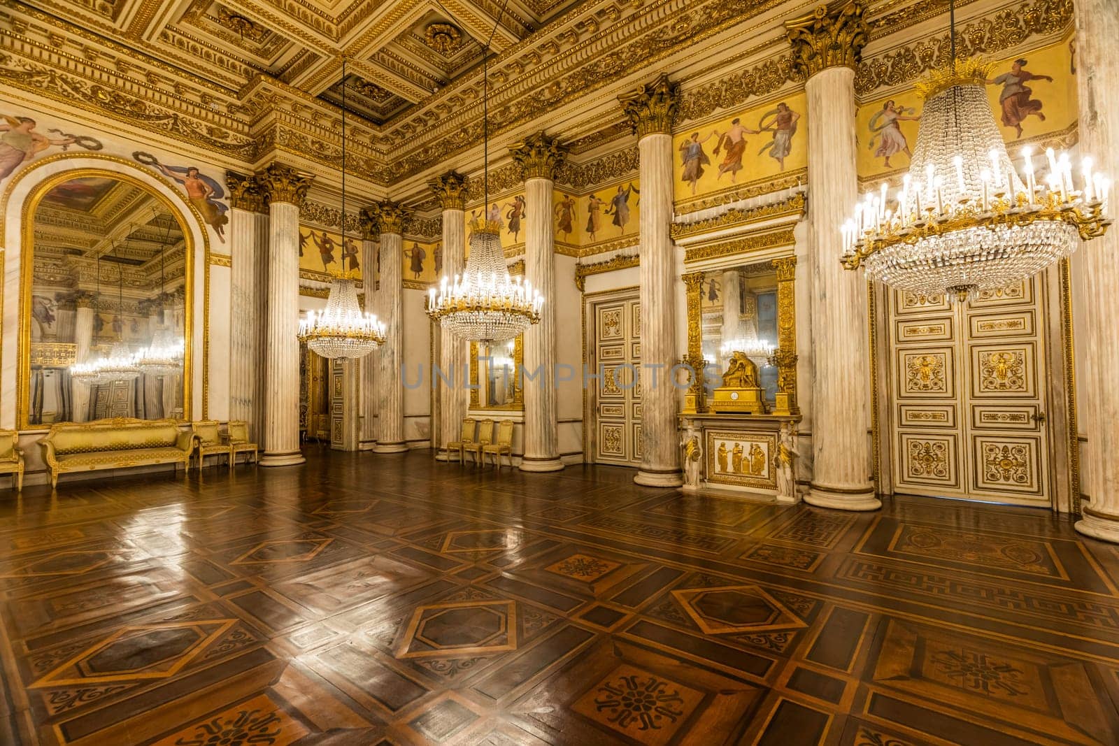Turin, Italy - Circa January 2022: romantic old ballroom interior in Royal Palace, 1842