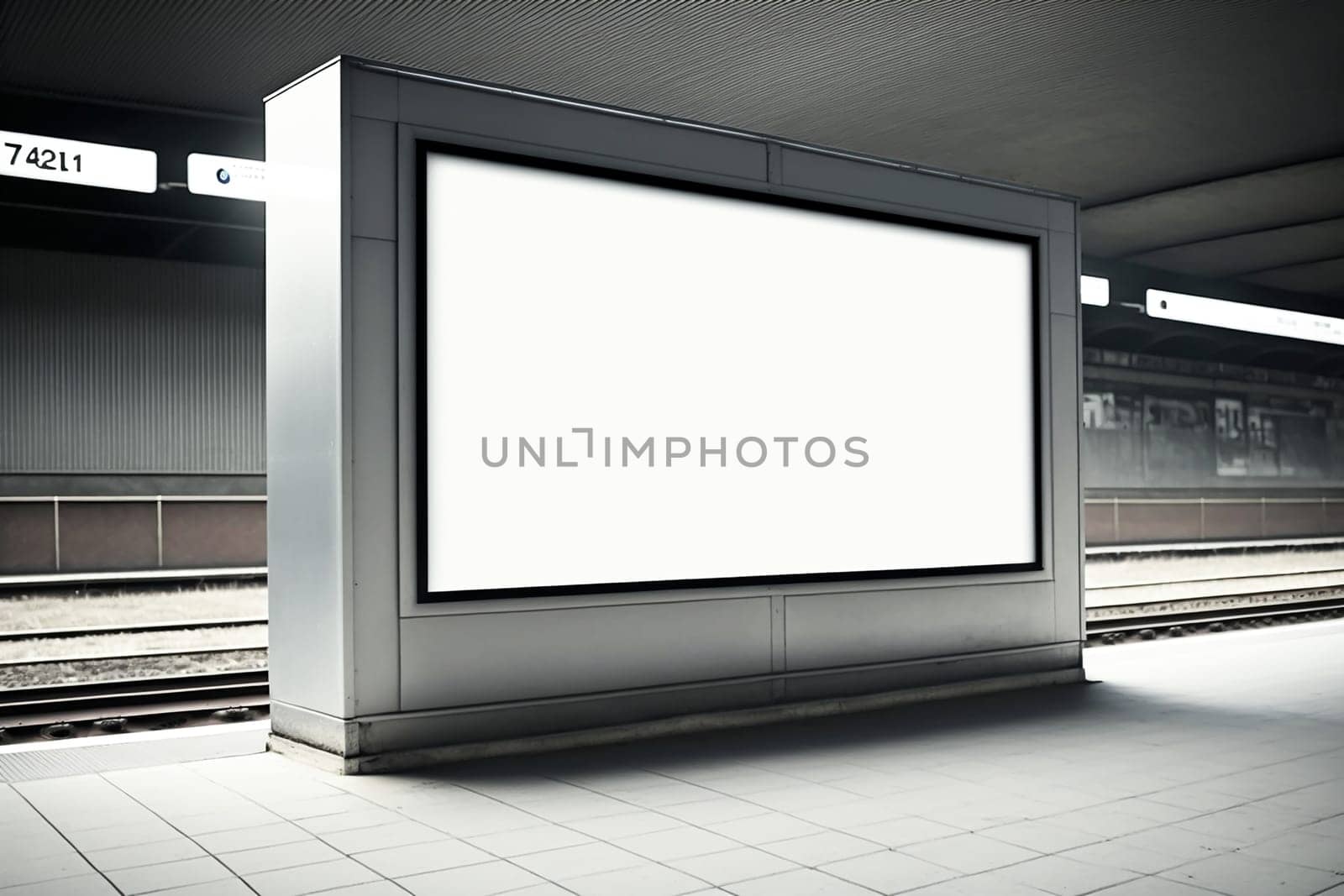 Horizontal white billboard mockup. Poster on street next to underground station