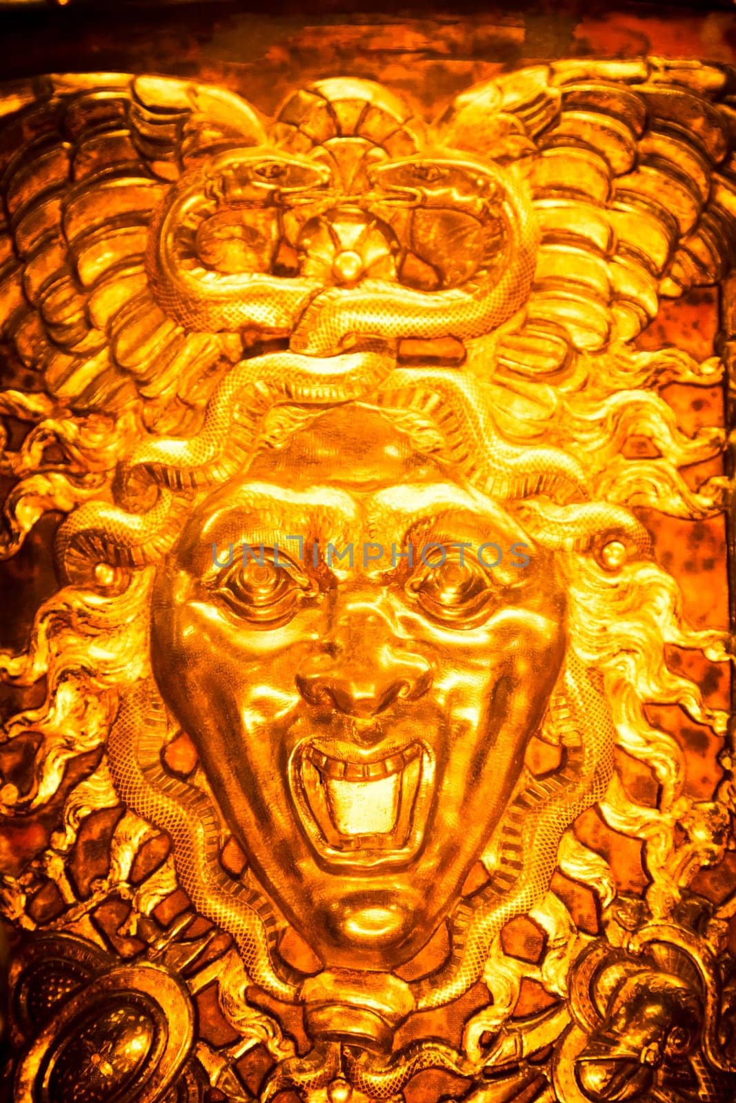 Medusa monster. Face of the Gorgon, gothic symbol of evil with snakes on hair
