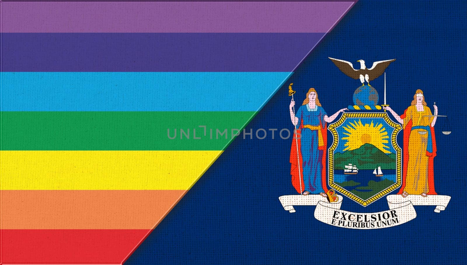 Flags of New York and lgbt. sexual concept. Double flag 3d illustration. Flag symbol New York. Flags of New York and sexual minorities. Two flags on surface. Symbol of sexual minorities