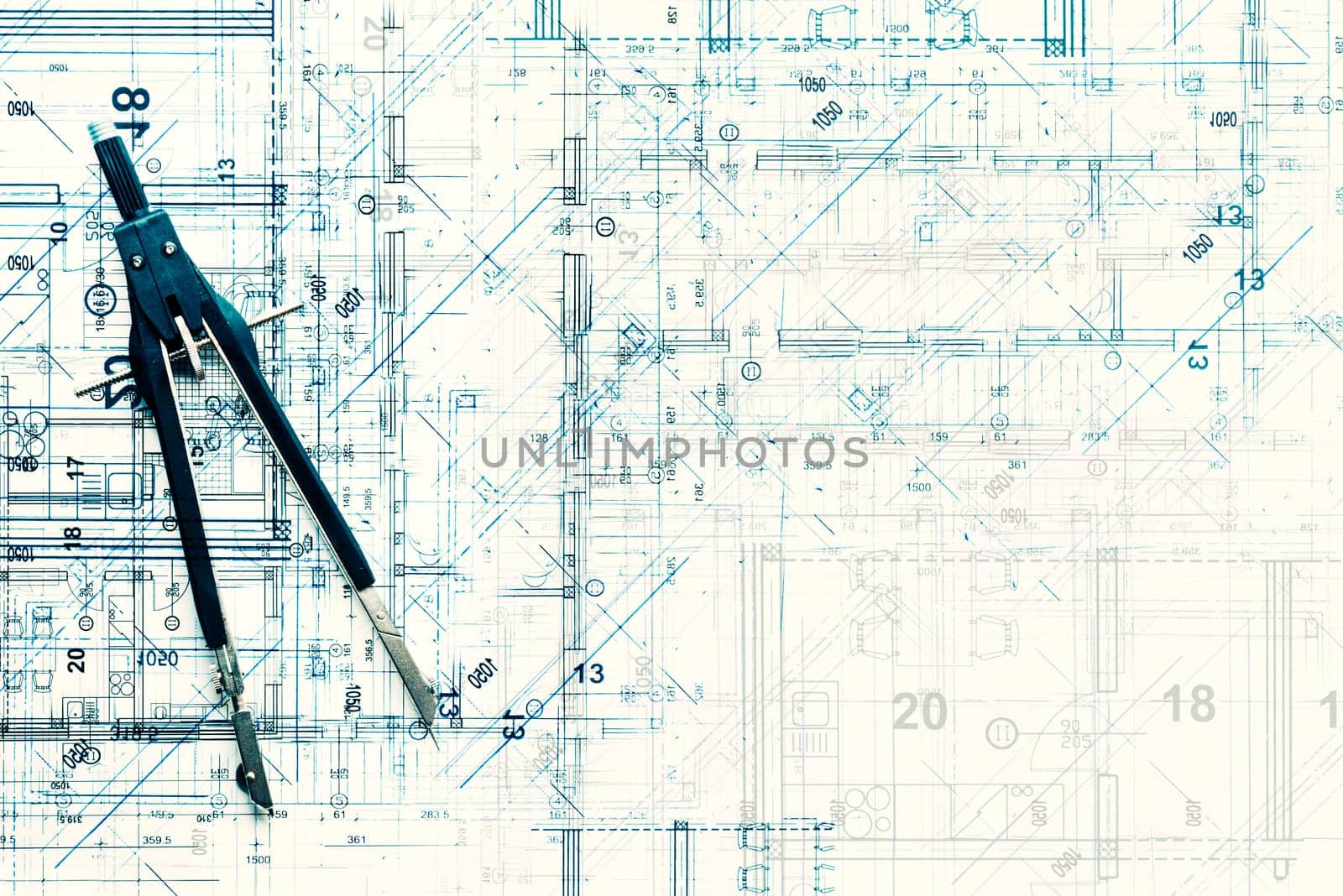 Top view of architectural design project of new modern home. Creative construction studio background. Abstract blueprint drawing and divider.