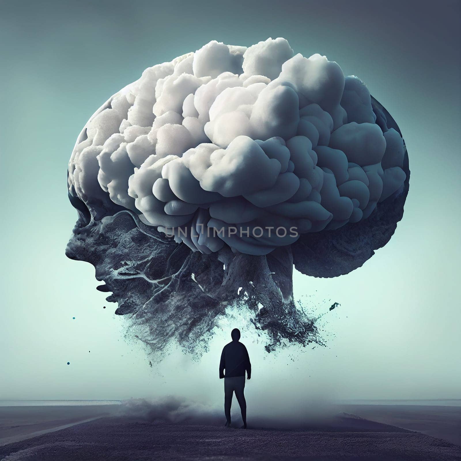 Huge dark cloud over a man on a road, depression and negative thoughts, mental health, burn out and stress, generative AI