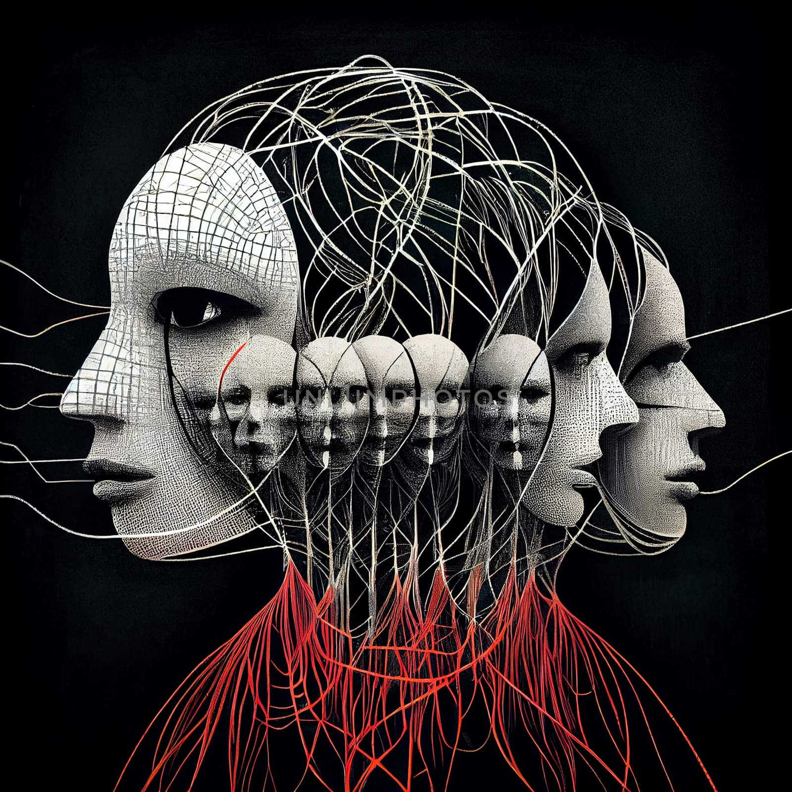 Mind control, brain with strings, manipulation and dictator concept, mass hypnosis by media, generative AI