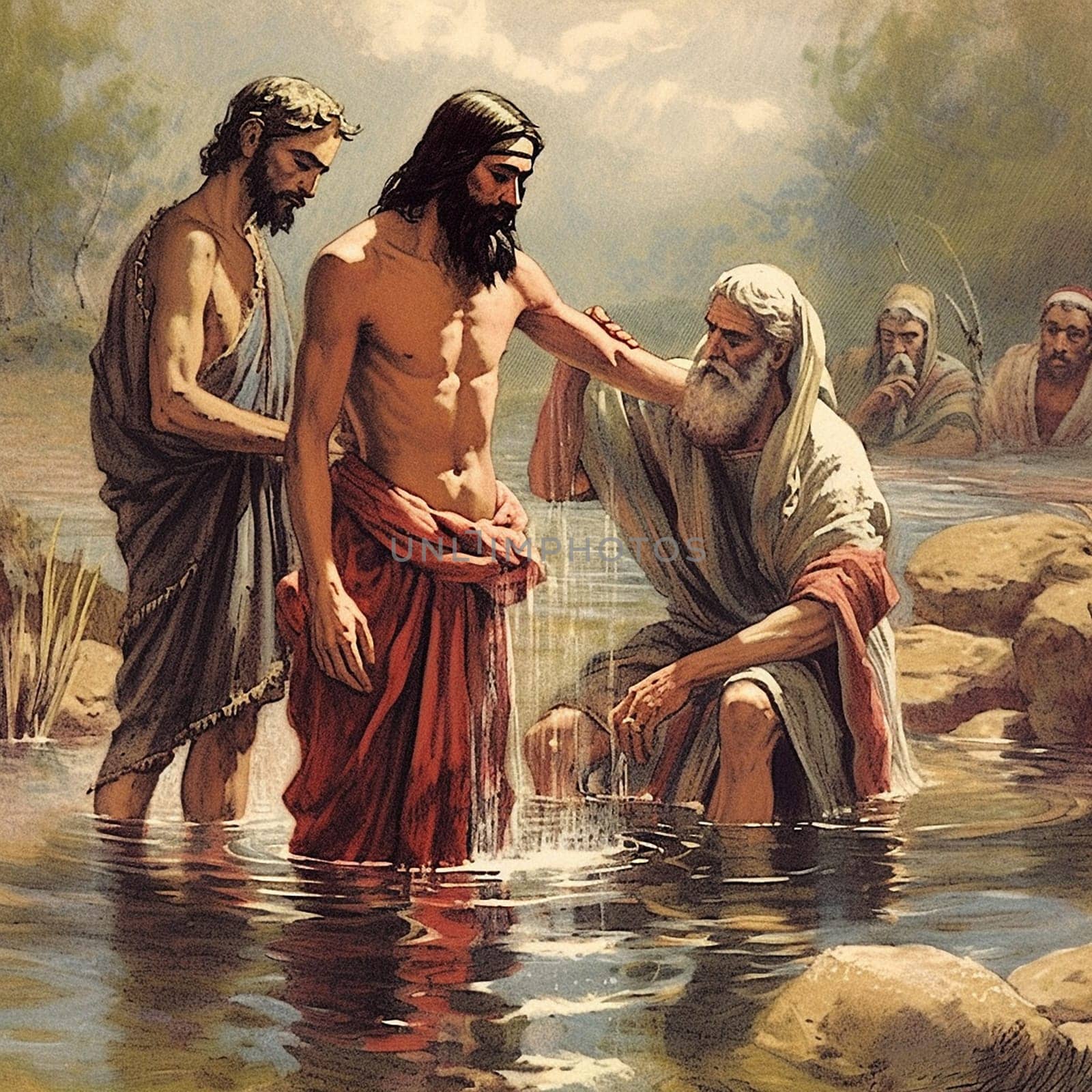 John the Baptist baptize Jesus Christ in the Jordan river in Israel, christian belief and religion, bible story, generative AI