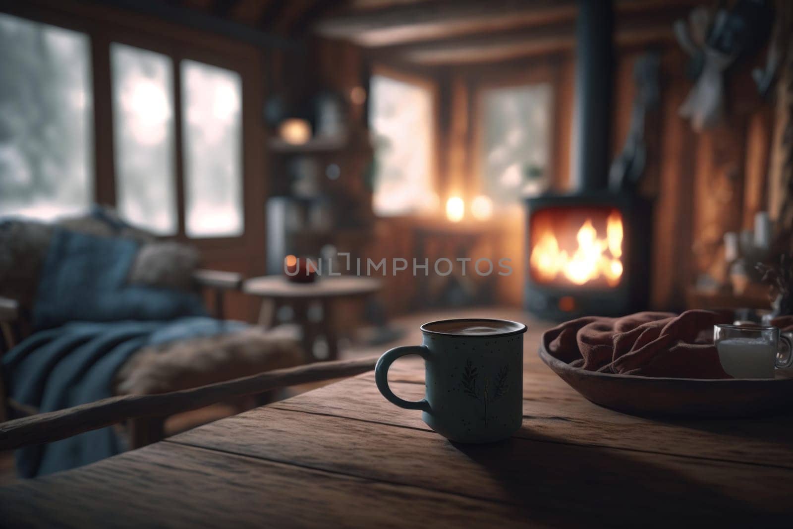 Cup of coffee on a wooden table in an old log house