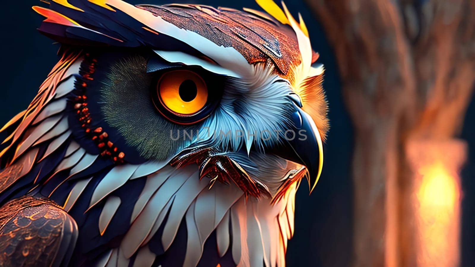 Close up of owl. Highly detailed digital painting and atmospheric lighting. Ai generated