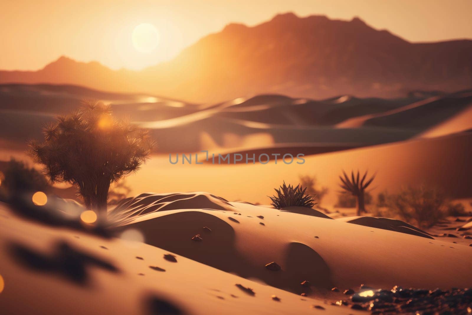 Desert landscape with sand dunes and trees at sunset. ai generated