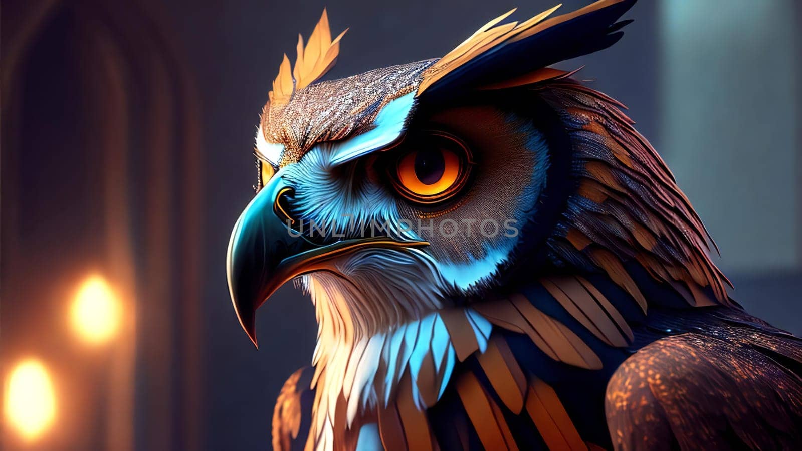 Close up of owl. Highly detailed digital painting and atmospheric lighting. Ai generated