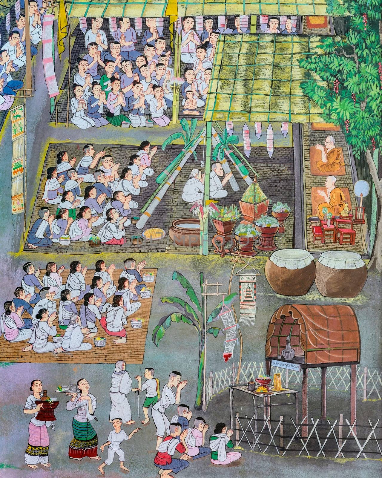 CHIANG MAI,THAILAND - OCTOBER 27, 2014 : Thai Lanna mural painting of Buddist festival on temple wall of Wat Chaimongkol Temple in Chiang Mai, Thailand.