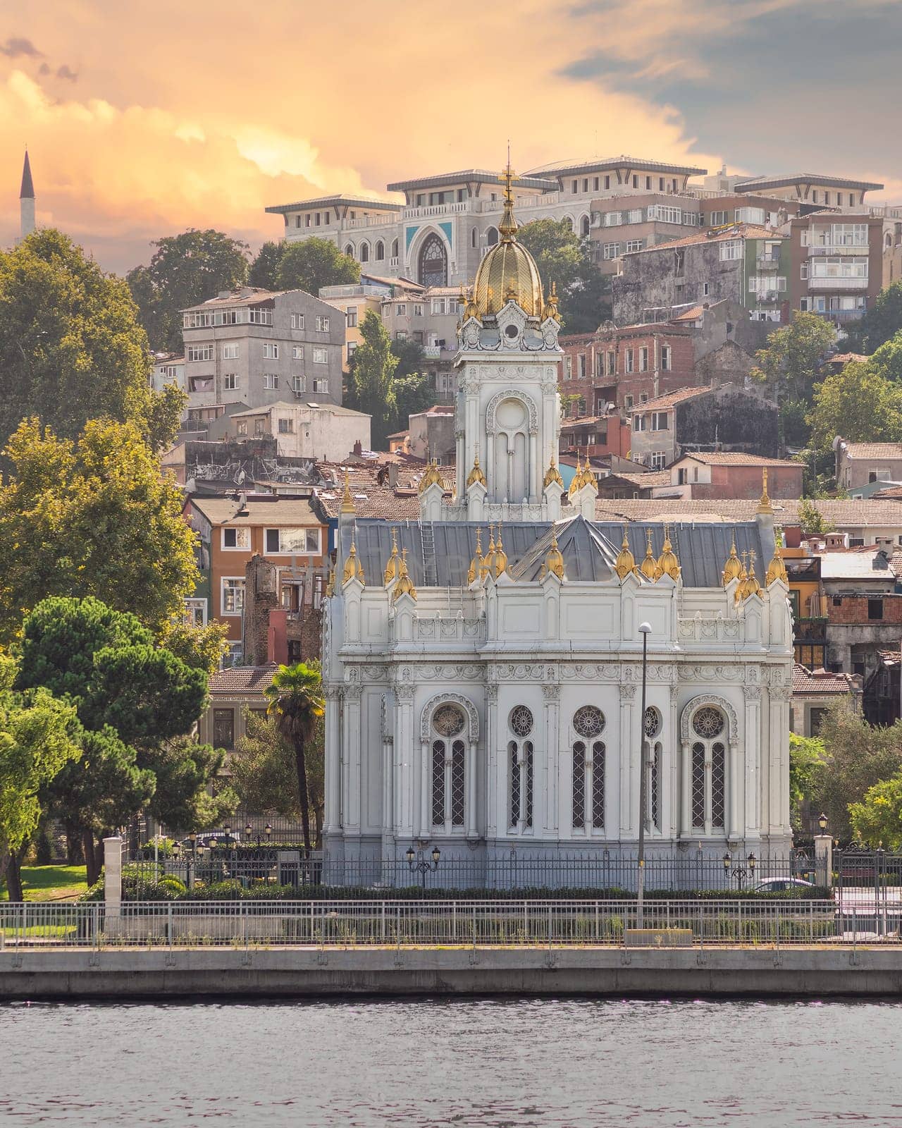 View from Golden Horn of Neo Byzantine architecture style Bulgarian St. Stephen Church, a Bulgarian Orthodox church in Balat district, Istanbul, Turkey