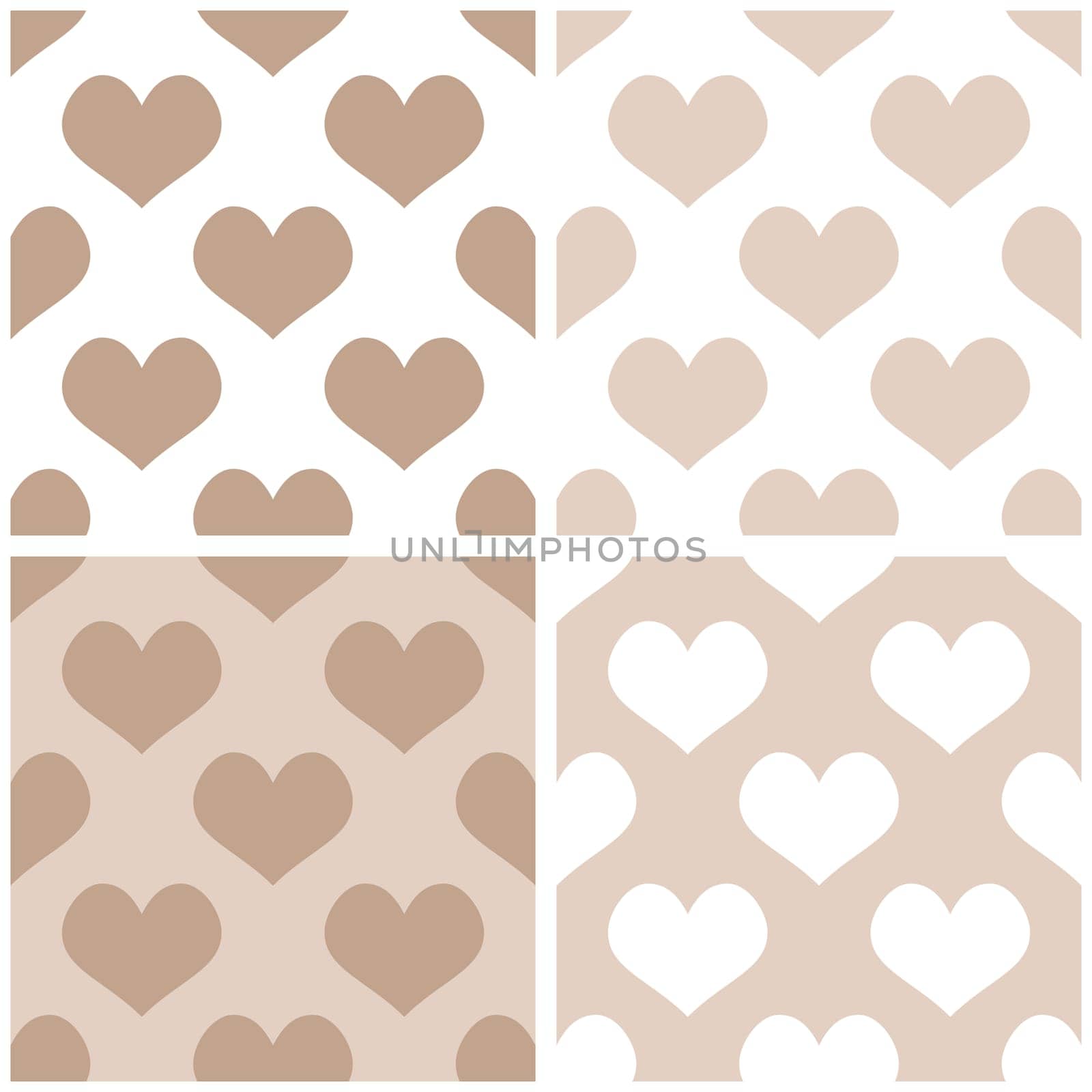 Seamless vector pastel hearts background set. Full of love pattern for valentines desktop wallpaper or website design in white, brown and beige color