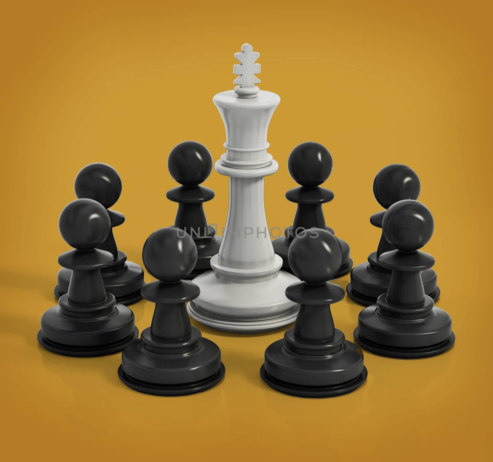 White Chess king surrounded with black pawns. 3D illustration.