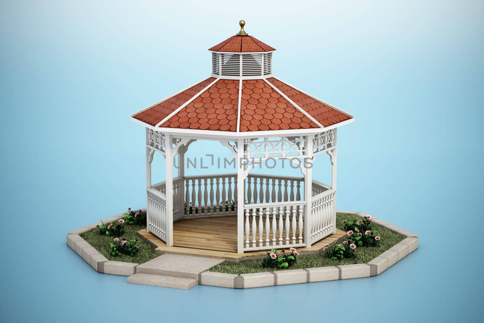 Gazebo isolated on blue background. 3D illustration.