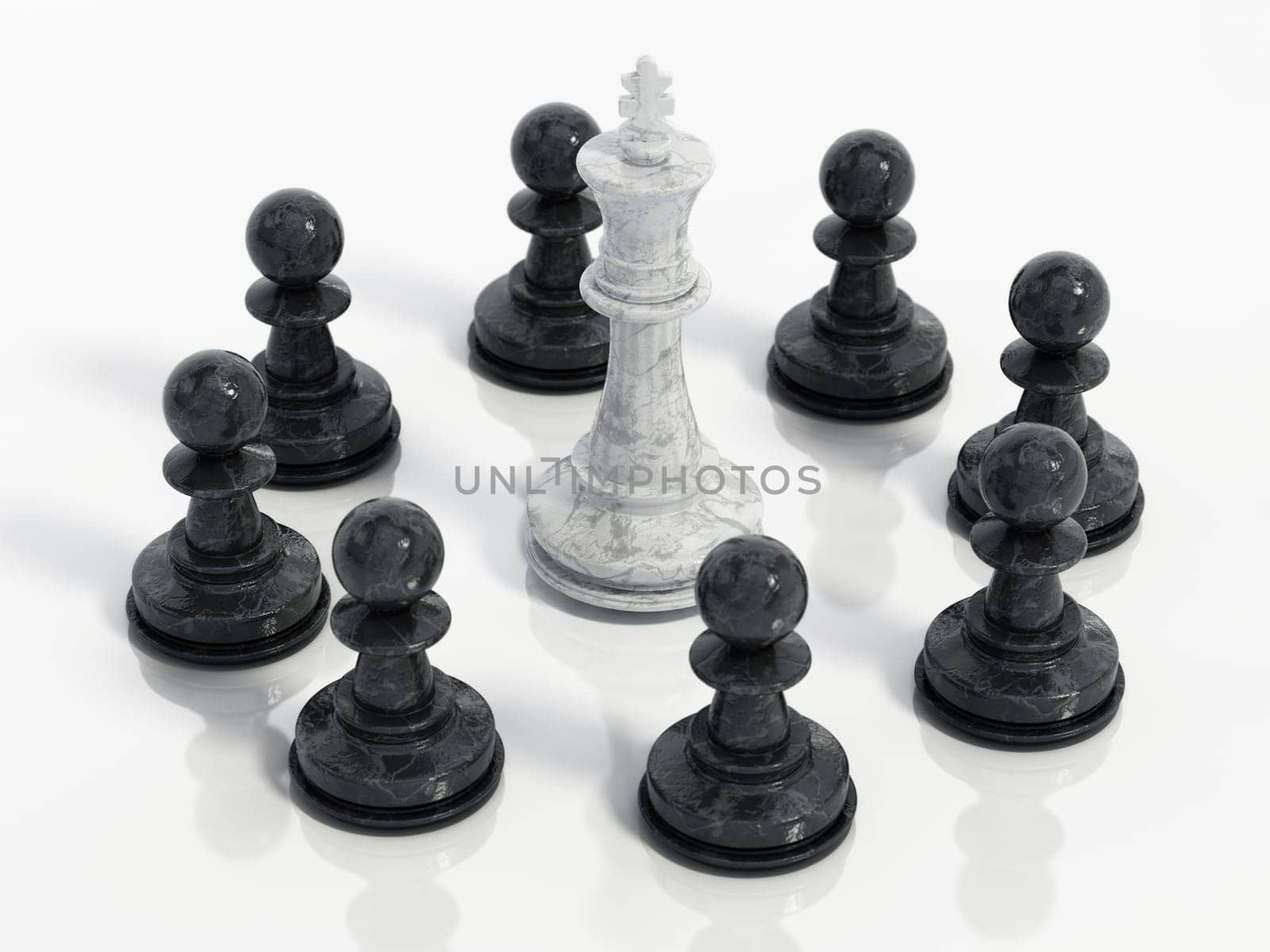 White Chess king surrounded with black pawns. 3D illustration.