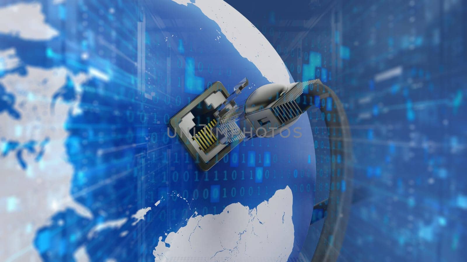 Network cable connected to the blue globe with a socket. 3D illustration.