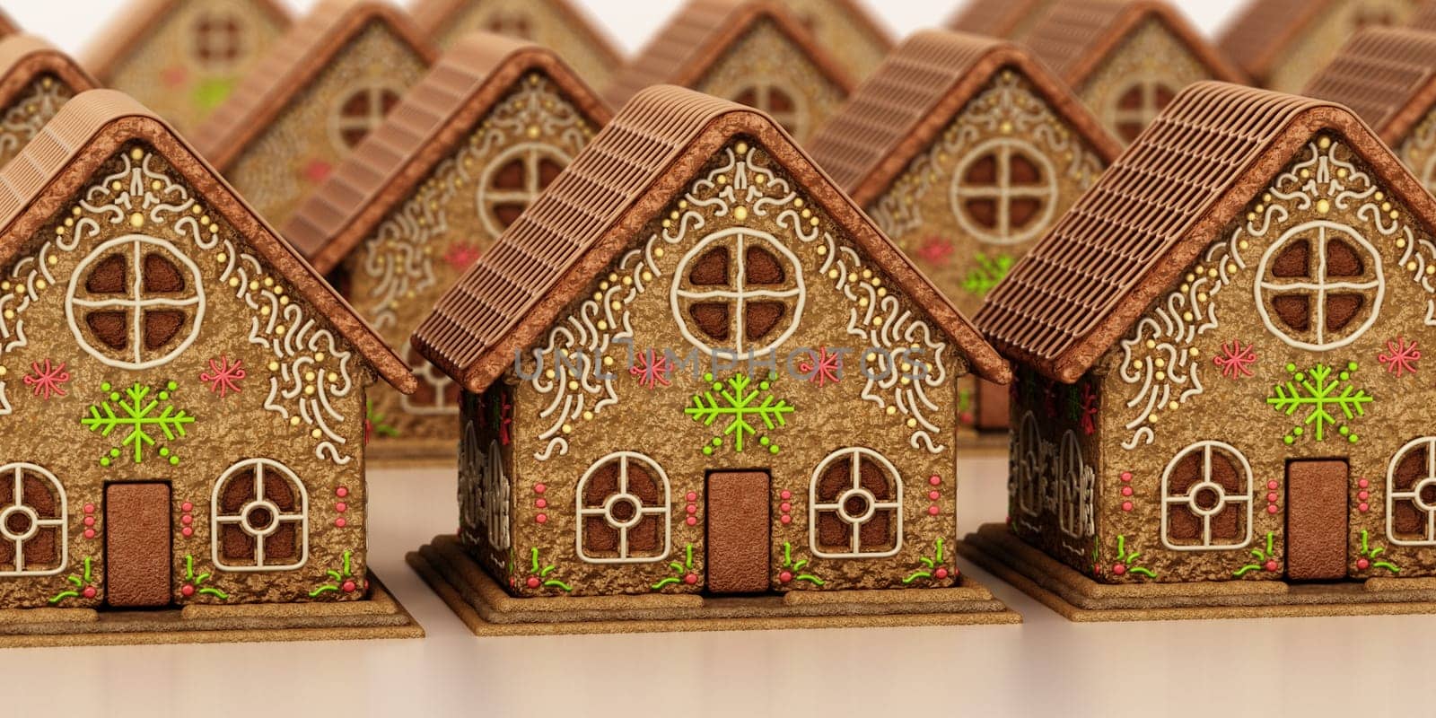 Row of gingerbread houses with DOF effect. 3D illustration.