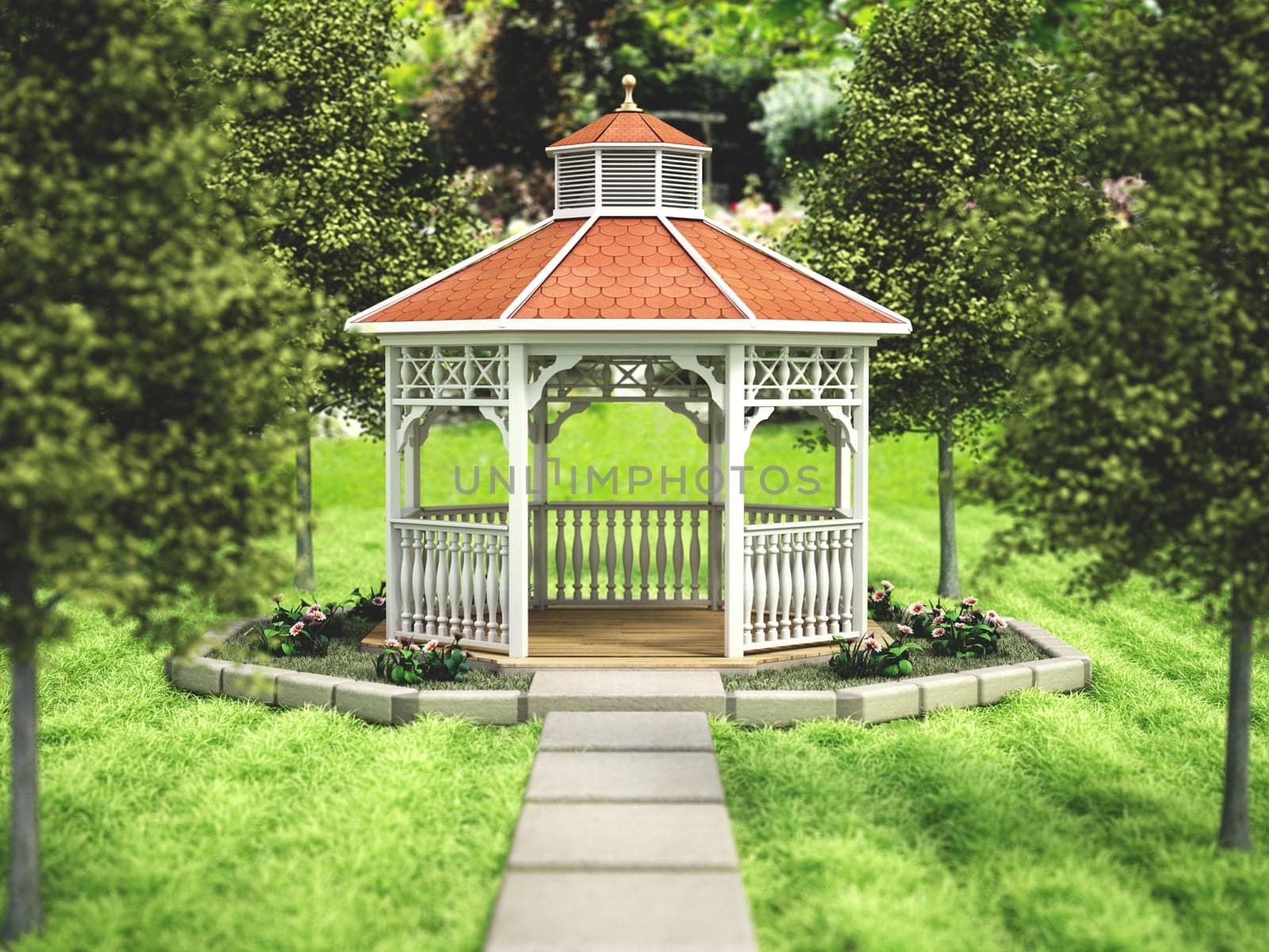 Garden gazebo on the grass field among the trees. 3D illustration.