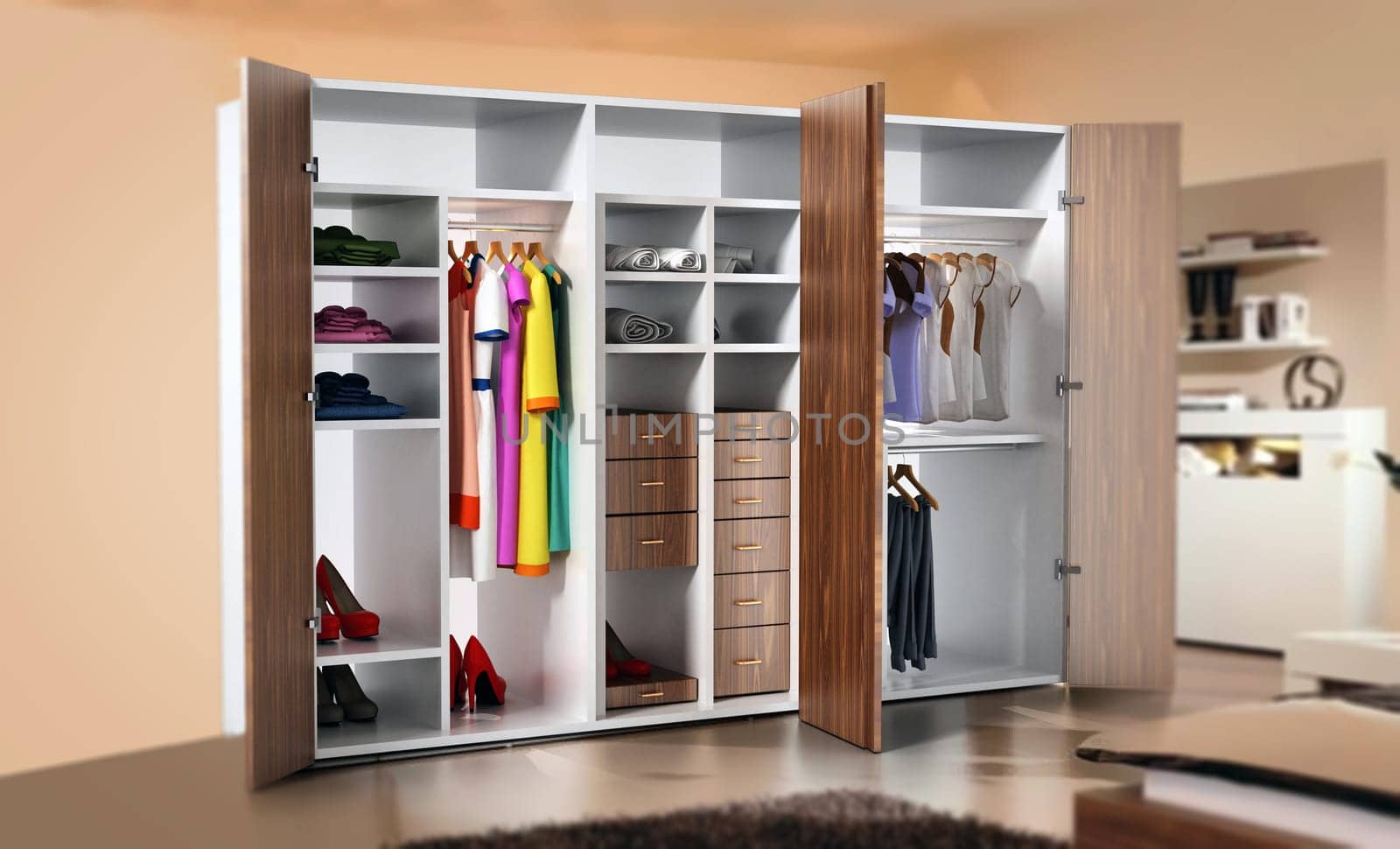 Open wardrobe full of clothes standing on parquet floor. 3D illustration.