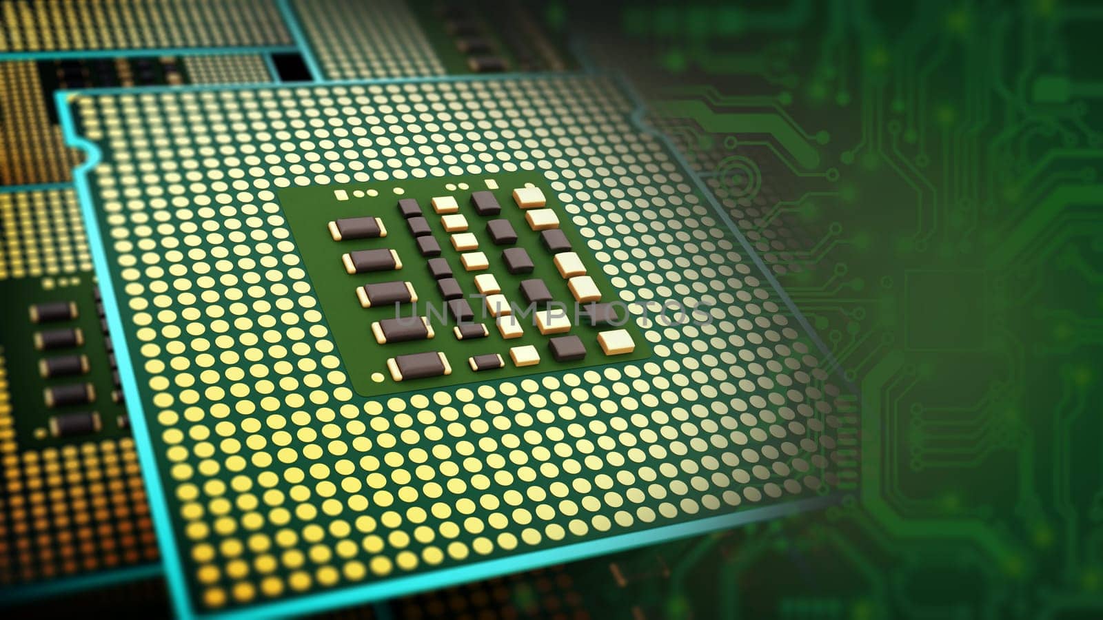 Stack of modern CPUs with copy scape on the right side. 3D illustration.